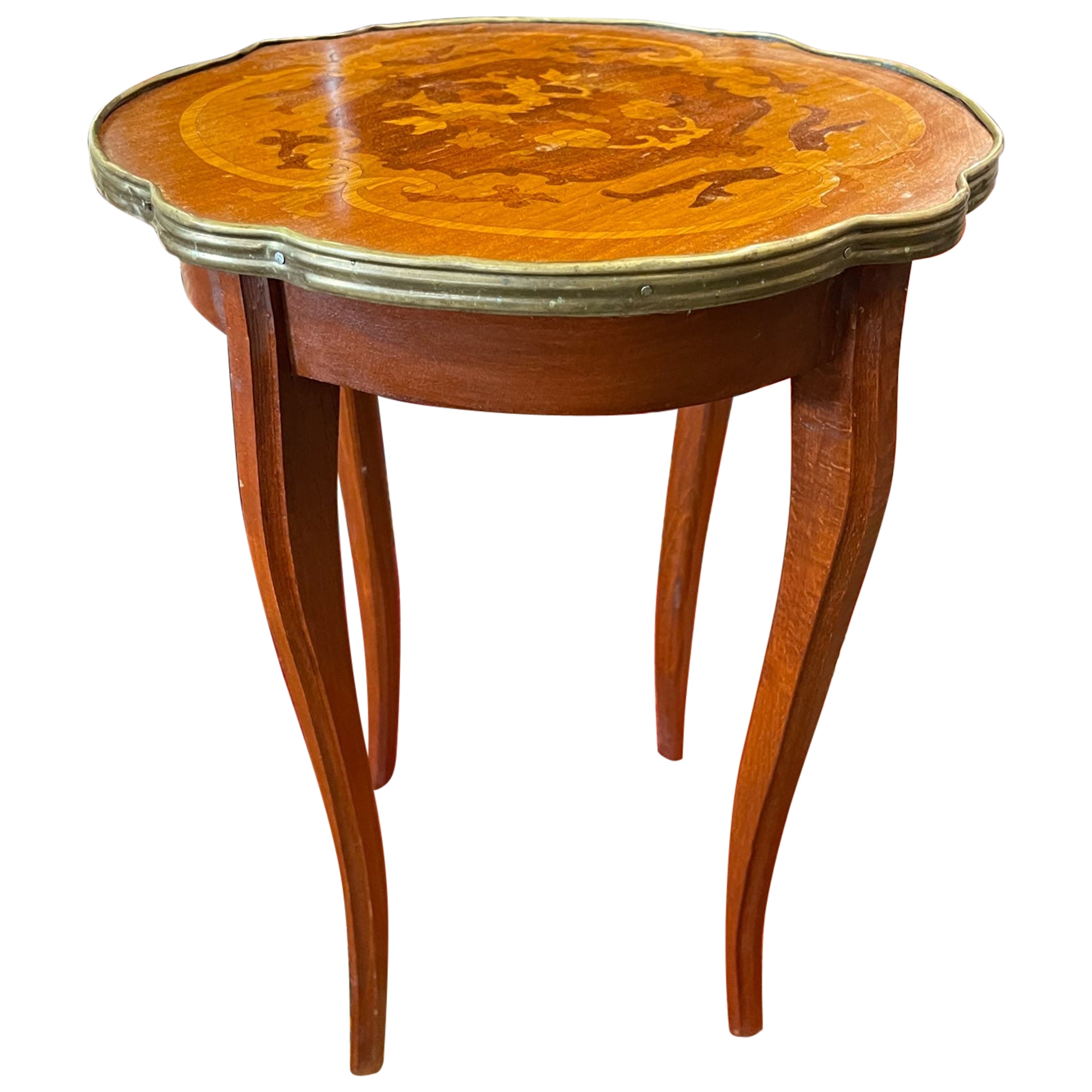 French Marquetry Side Table with a Brass Trim Around Wood Top, 20th Century For Sale