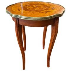 Vintage French Marquetry Side Table with a Brass Trim Around Wood Top, 20th Century