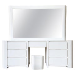 Postmodern White Lacquer Laminate Vanity Dresser with Mirror and Stool