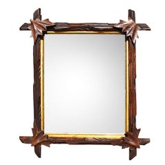 Antique Folk Art Carved Wood Tramp Gilt Mirror in Brown and Gold, 1920s