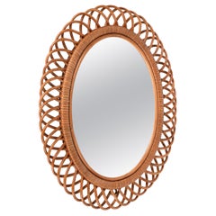 Mid-Century Curved Rattan and Bamboo Italian Double Framed Oval Mirror, 1960