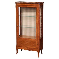 Antique 19th Century French Louis XV Carved Kingwood Parquetry Vitrine with Marble Top