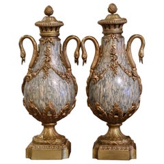 Pair of 19th Century French Gilt Bronze and Marble Mantel Urns Casolettes
