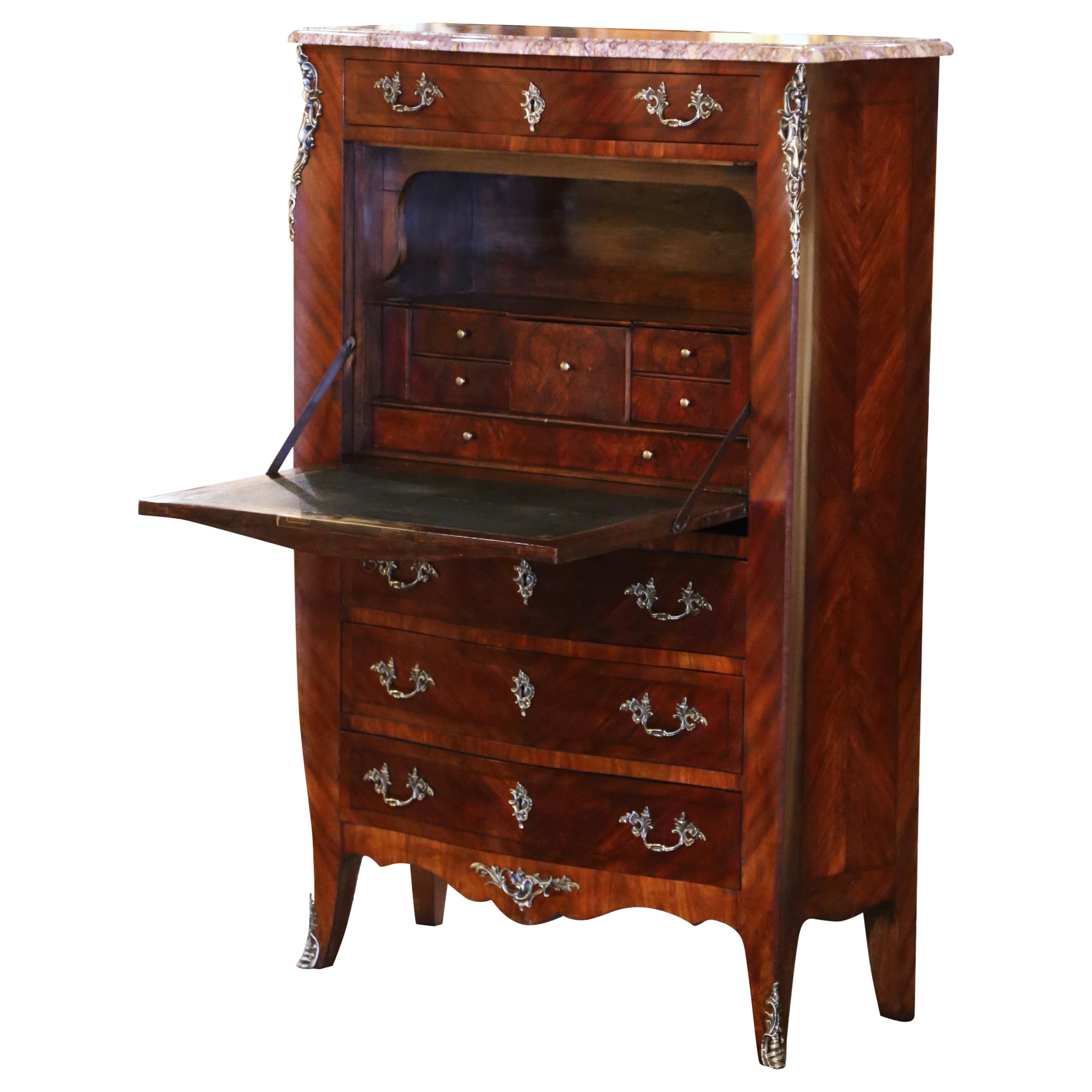 19th Century French Louis XV Marble Top Carved Walnut Marquetry Secretary Chest  For Sale