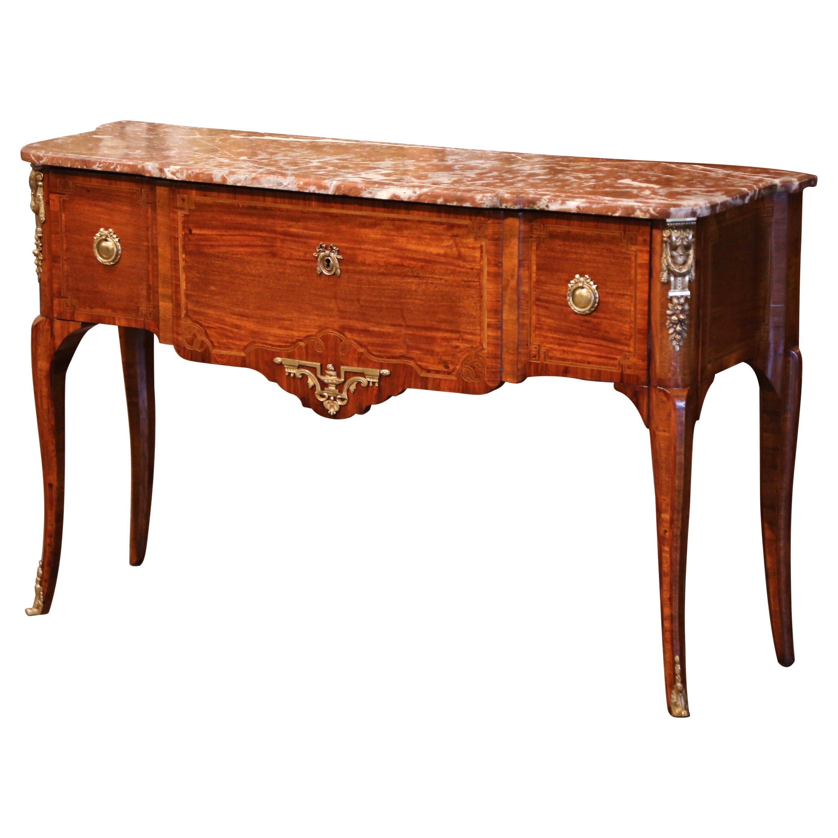 19th Century French Louis XV Marble Top Tulipwood Inlaid Single Drawer Console For Sale