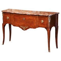 Antique 19th Century French Louis XV Marble Top Tulipwood Inlaid Single Drawer Console