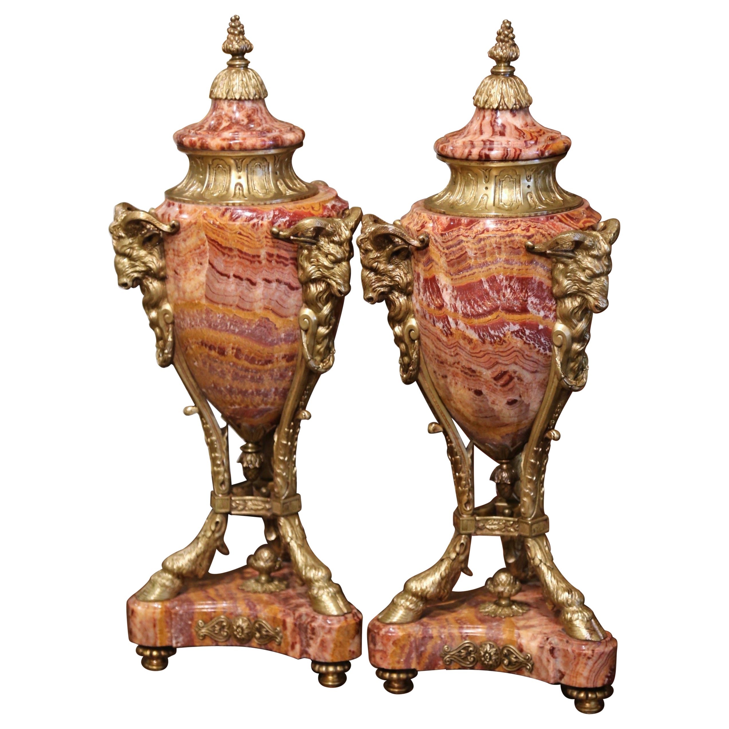 Pair of 19th Century Belgium Gilt Bronze-Mounted Variegated Onyx Covered Urns