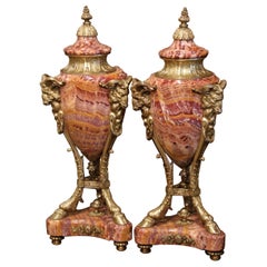 Pair of 19th Century Belgium Gilt Bronze-Mounted Variegated Onyx Covered Urns