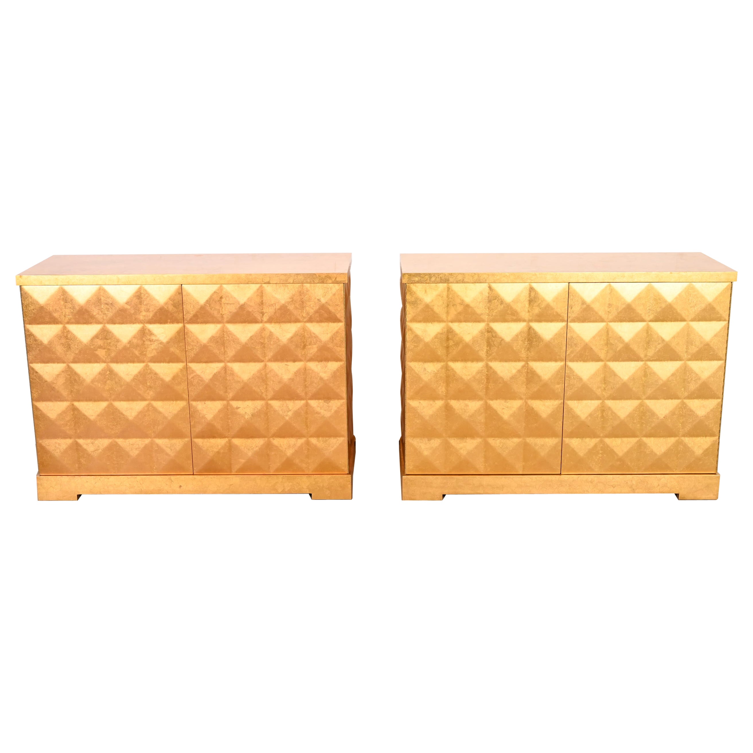 Barbara Barry for Baker Furniture Diamond Gold Leaf Cabinets, Pair
