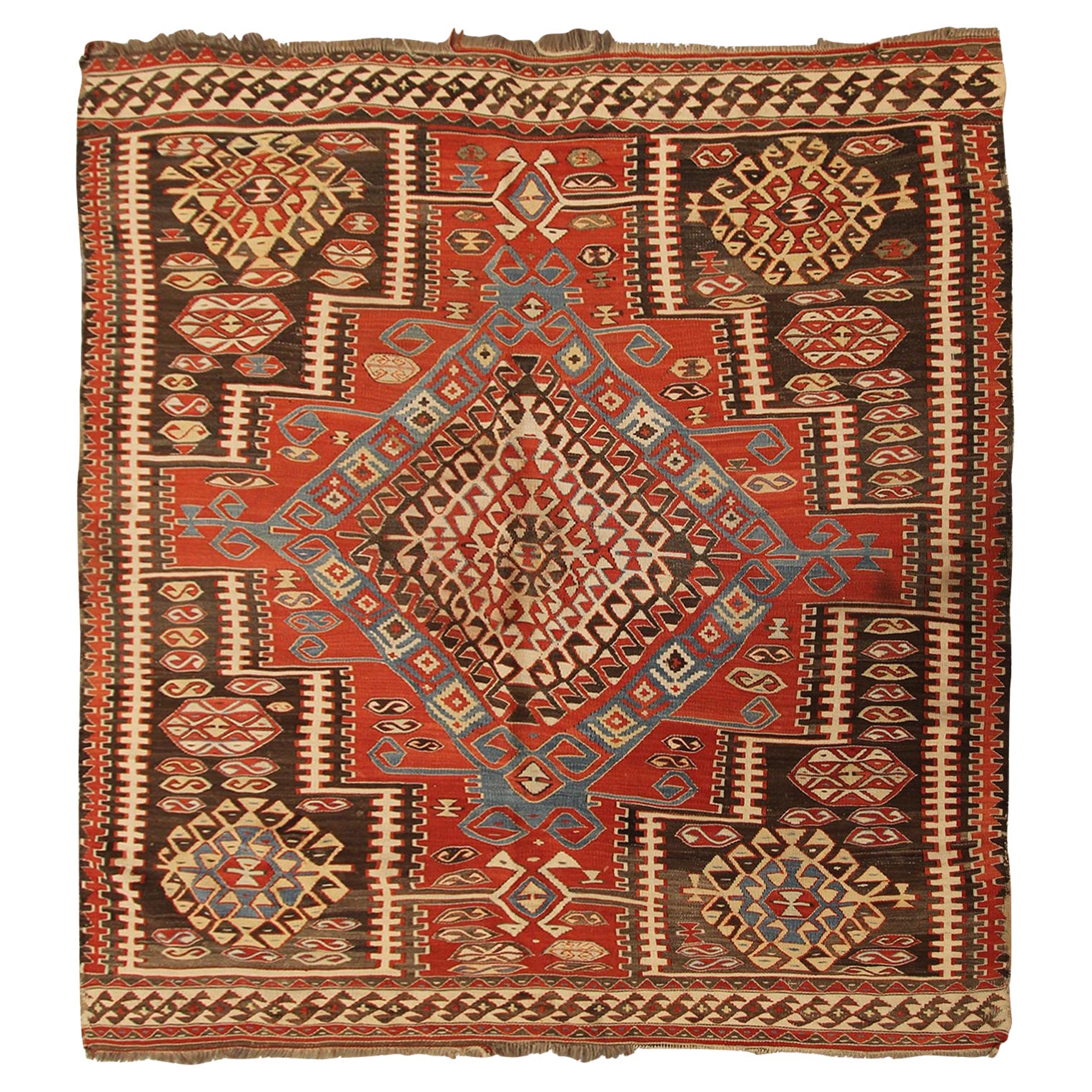 Antiker kaukasischer, flachgewebter, quadratischer Wandteppich aus Kelim, kaukasisch-kaukasisch