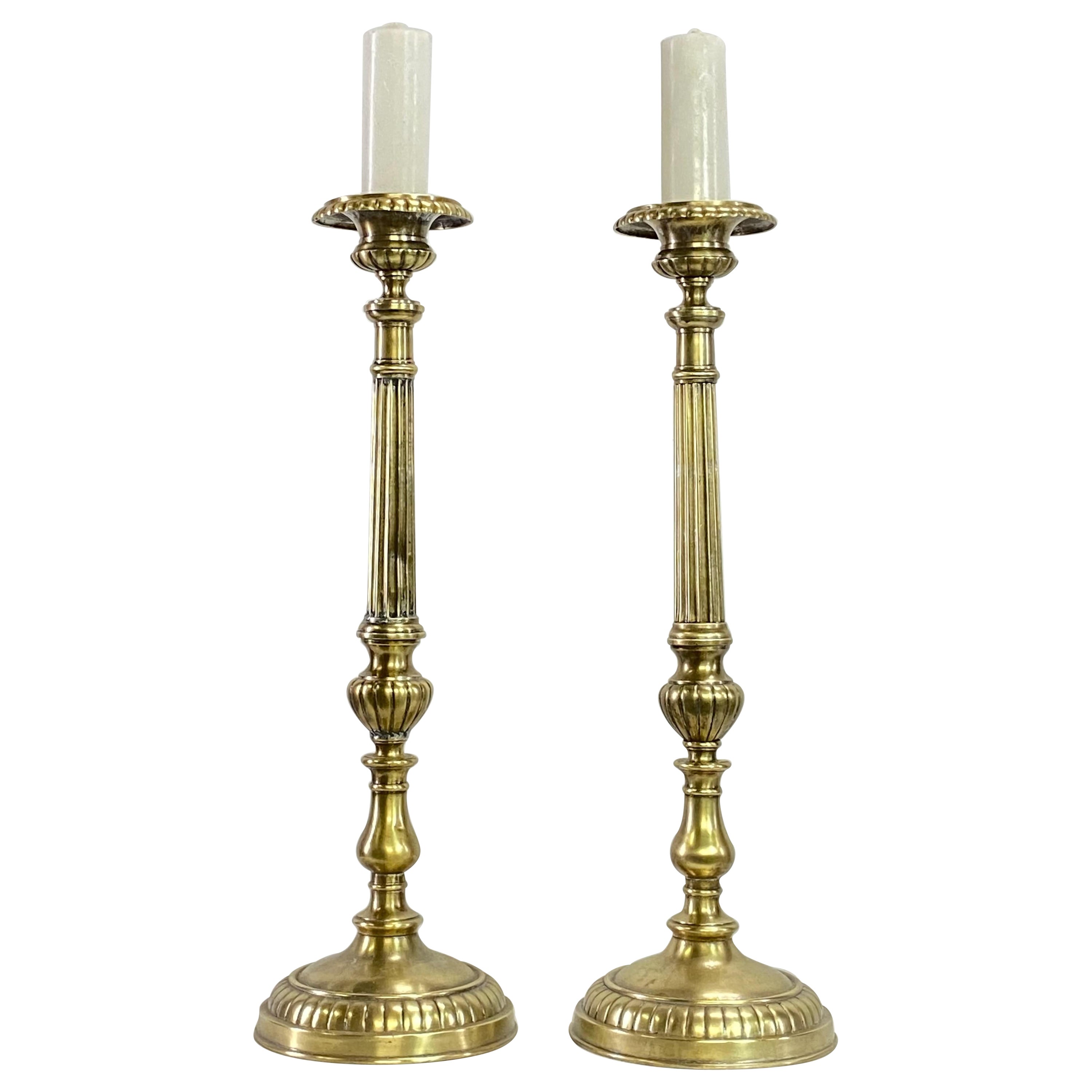 Pair of Early 19th Century European Brass Candlesticks, circa 1840 For Sale