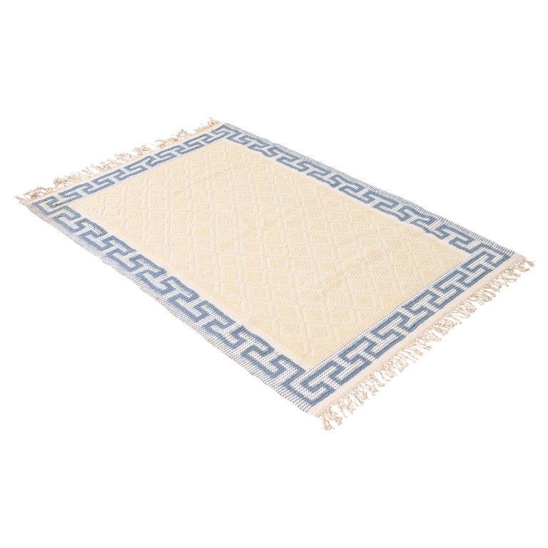 Vintage Cream and Light Blue Greek Key Border Rug For Sale at 1stDibs