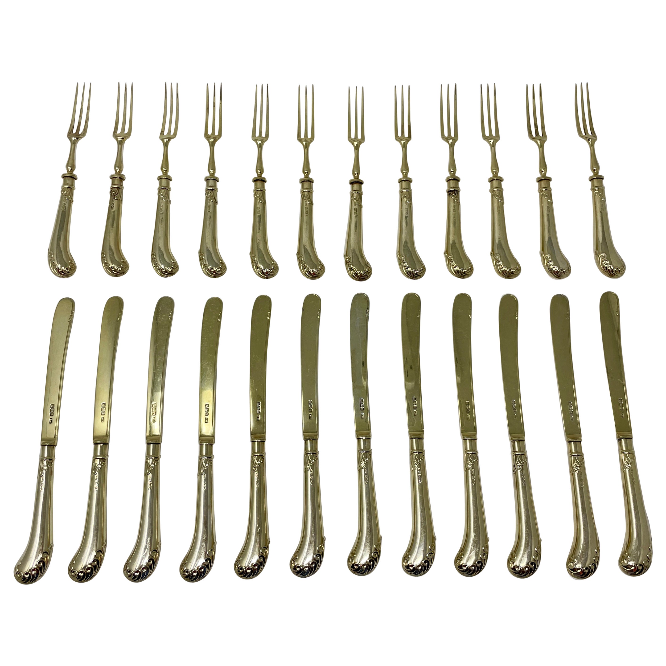 Set of 24 Antique English Vermeil Gold on Sterling Silver Dessert Cutlery For Sale