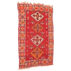 Vintage Vibrant Hand-Woven Distressed Caucasian Rug