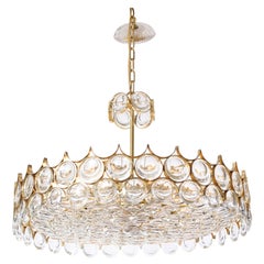 Large Circular Brass and Crystal Chandelier by Ernest Palme for Palwa