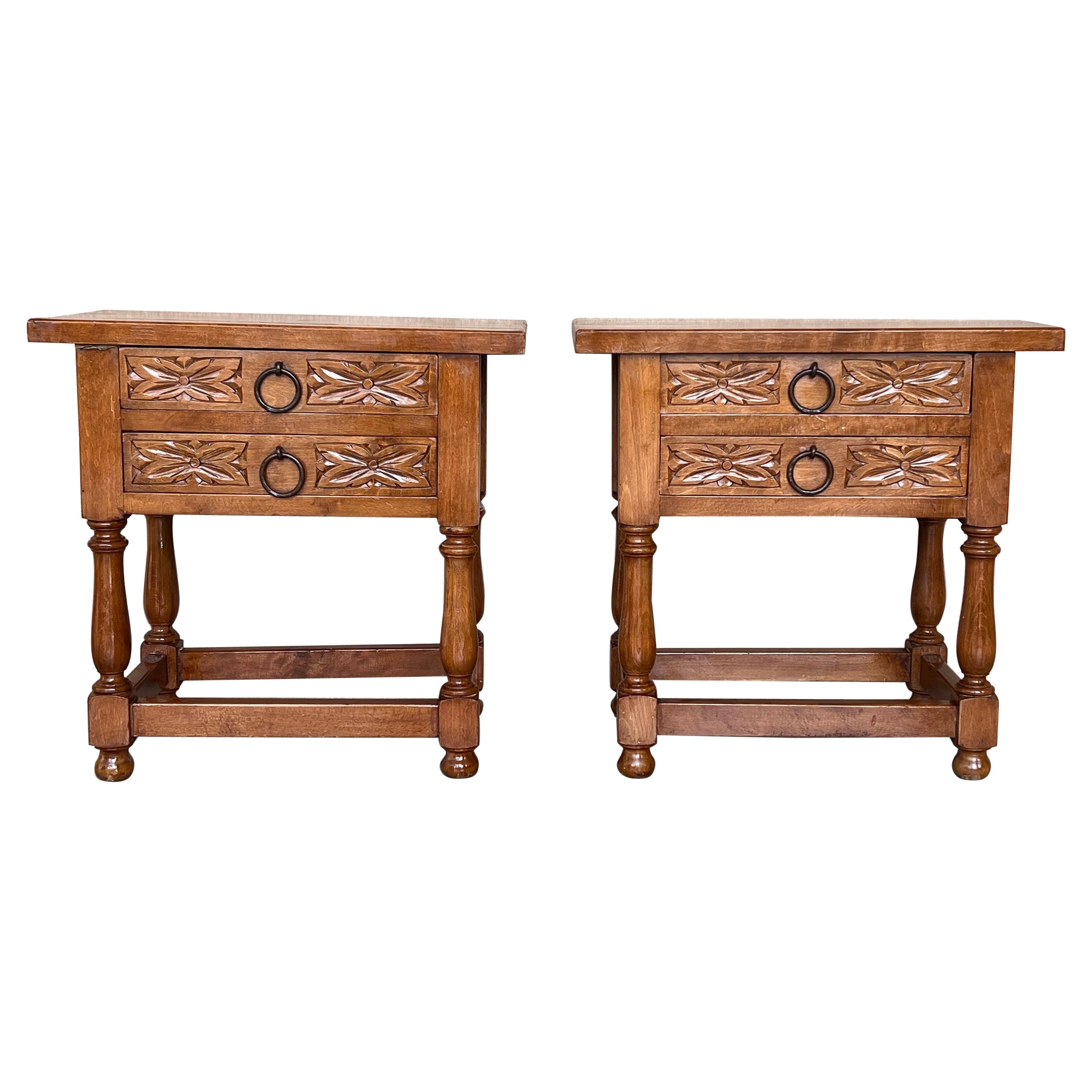 20th Century Pair of Spanish Nightstands with Two Drawers and Iron Hardware For Sale