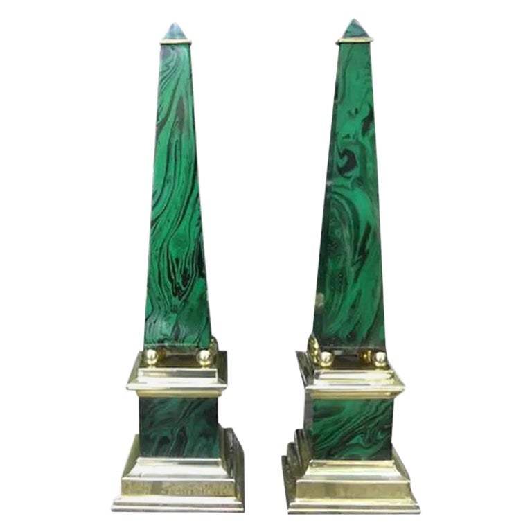 Pair of Faux Malachite and Brass Obelisks