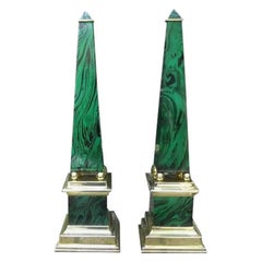 Pair of Faux Malachite and Brass Obelisks