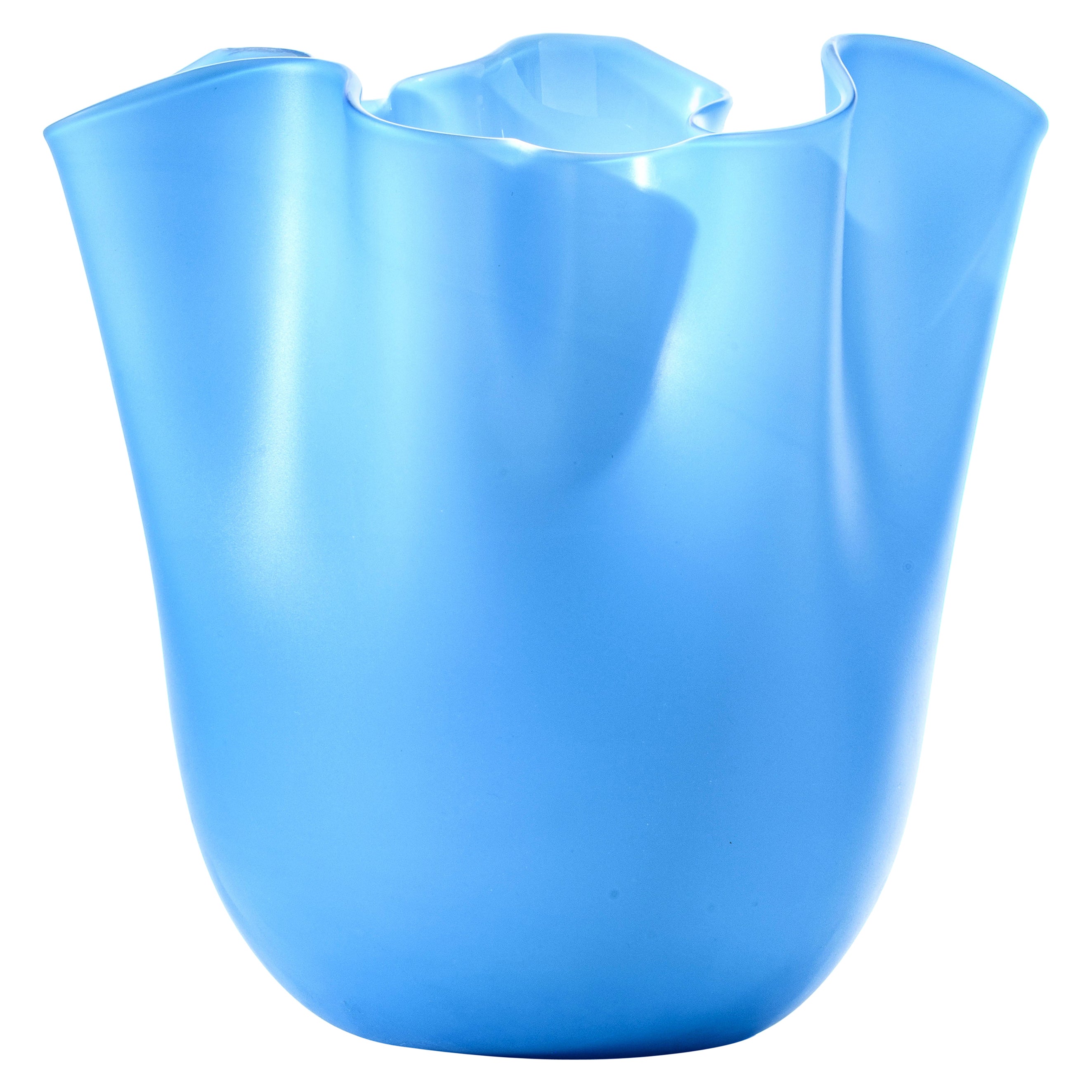 Venini Fazzoletto Sabbiato, mittelgroße Vase aus Acquamarine Muranoglas im Angebot