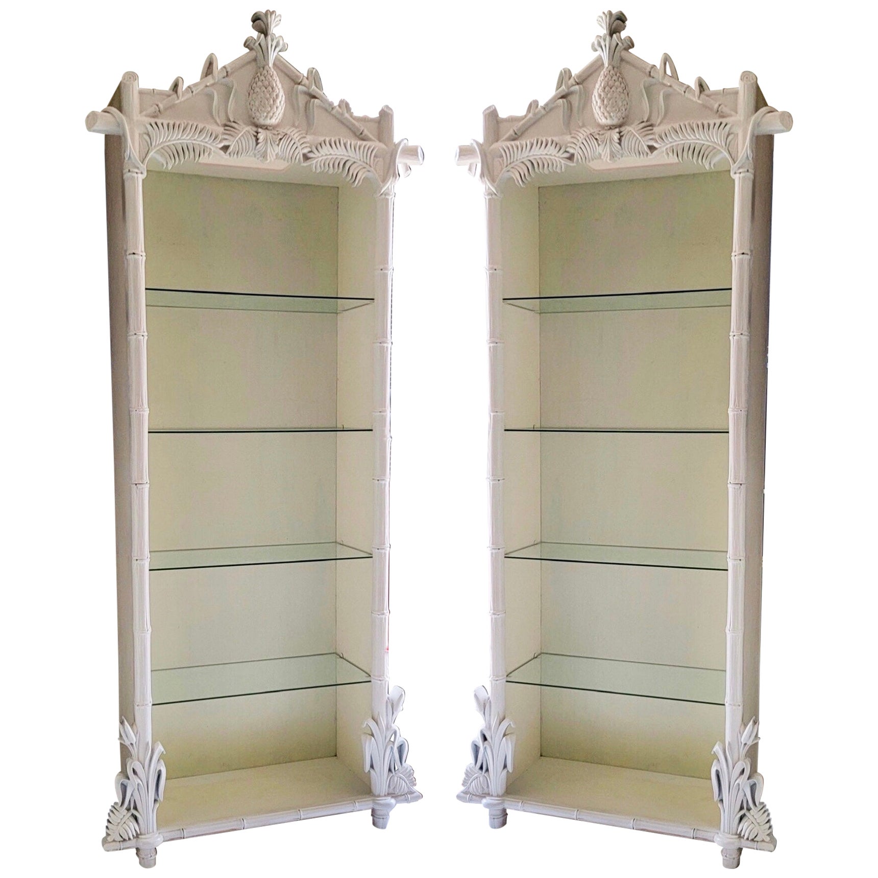 I have not had these bookcases attributed to Gampel-Stoll before now! They are painted white with glass shelves. They could be illuminated. At their widest, branch to branch, they are 37” in length. The bookcase portion is 29.5” in length. They are