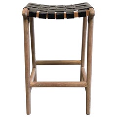 Teak Wood and Woven Counter Stools in Black Leather