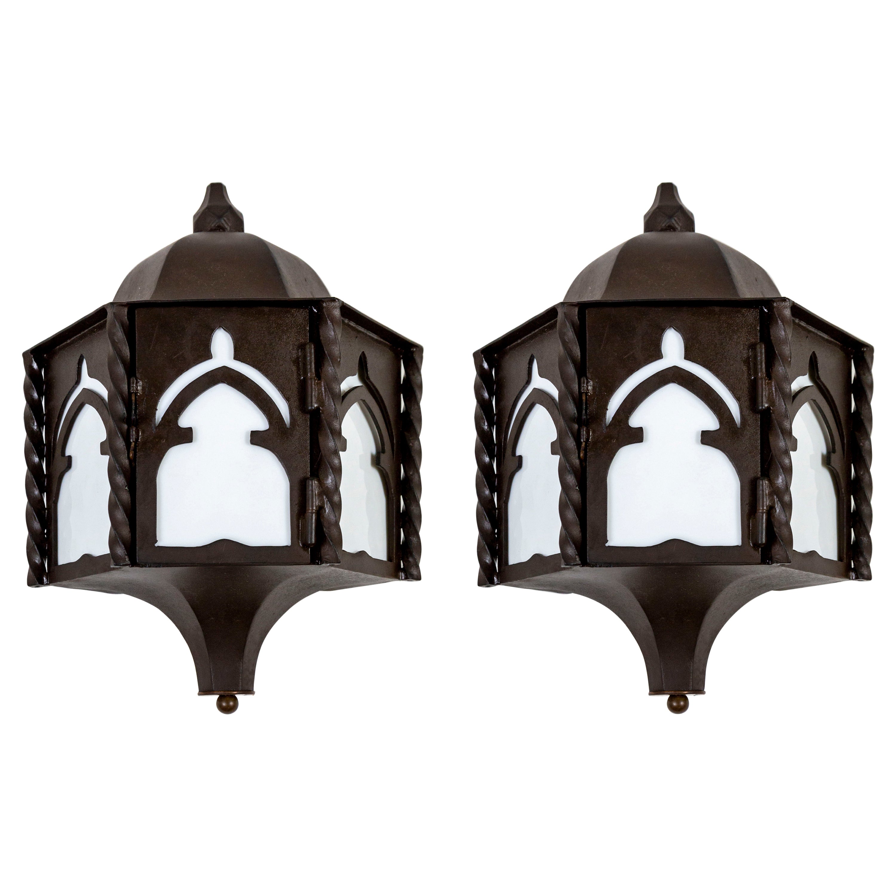 Iron Gothic Arch Paul Ferrante Wall Lanterns w/ Milk Glass Panels 'Pair'