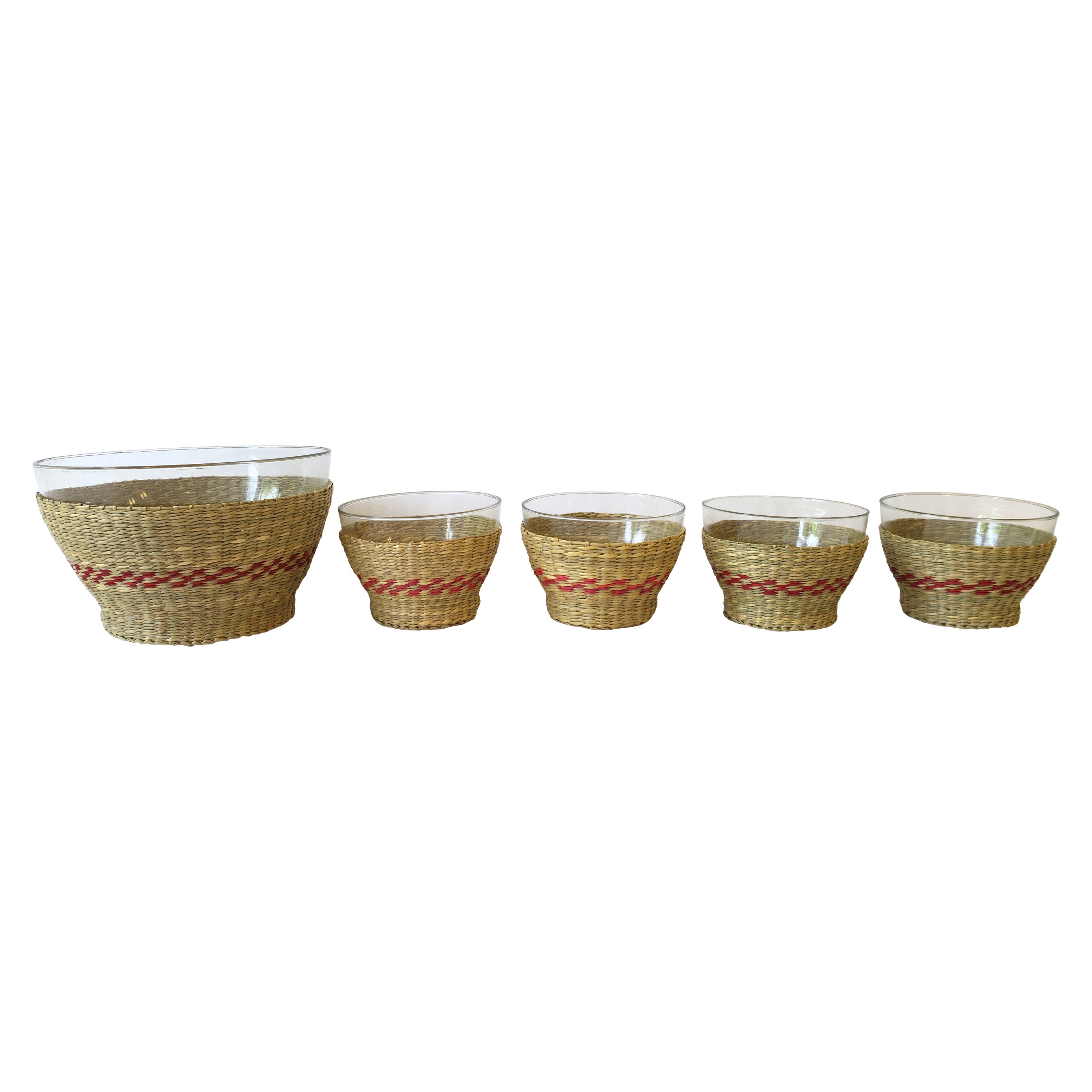 Wicker and Glass Bowls, Set of 5