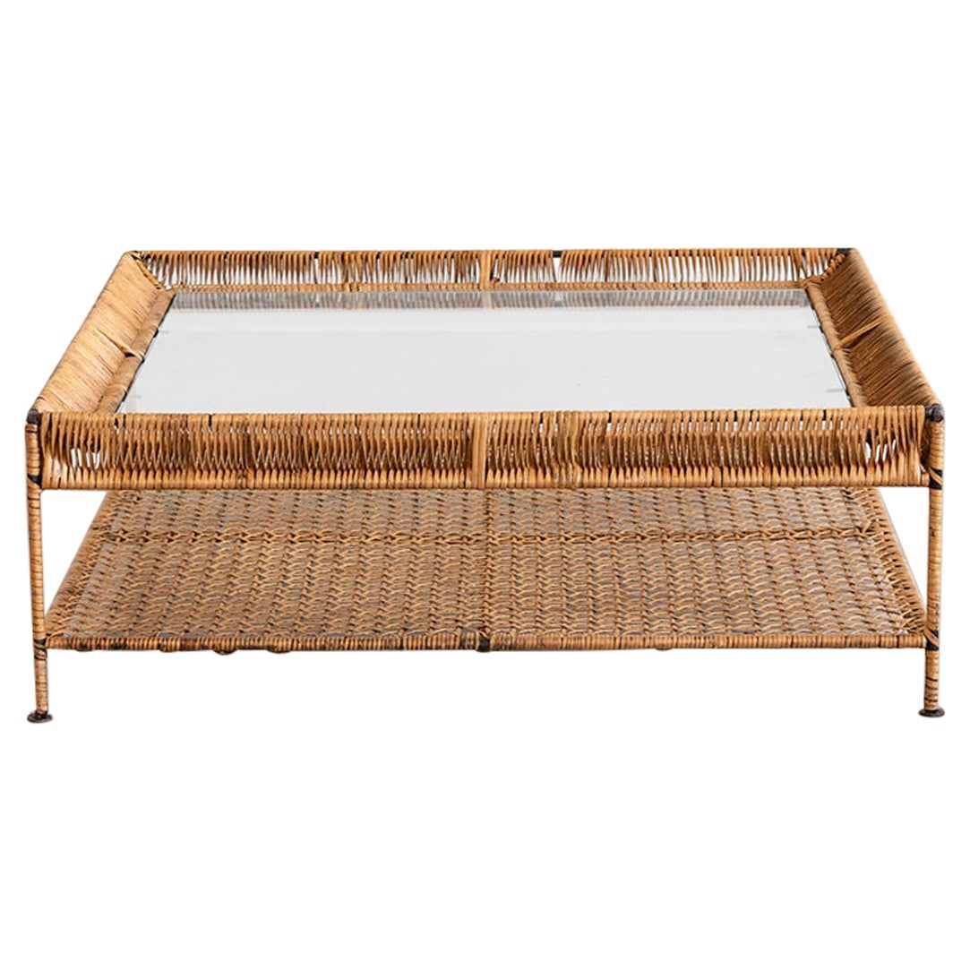 French Rattan and Glass Coffee Table