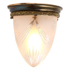 Patinated Bronze French Art Nouveau Cut Blown Glass Flush Mount Ceiling Light