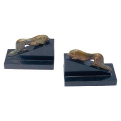 Pair of Art Deco See Lions Bookends, Bronze and Marble, Black, France, 1940