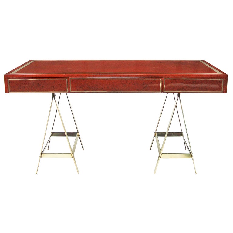 1970s Original Red Lacquered Albrizzi Desk with Brass Trestle Legs and Inlay For Sale