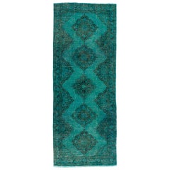 4.8x12.5 Ft Mid-Century Hand Knotted Turkish Runner Rug Over-Dyed in Teal Color