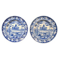 Antique Boston State House Staffordshire Blue & White Pottery Plates