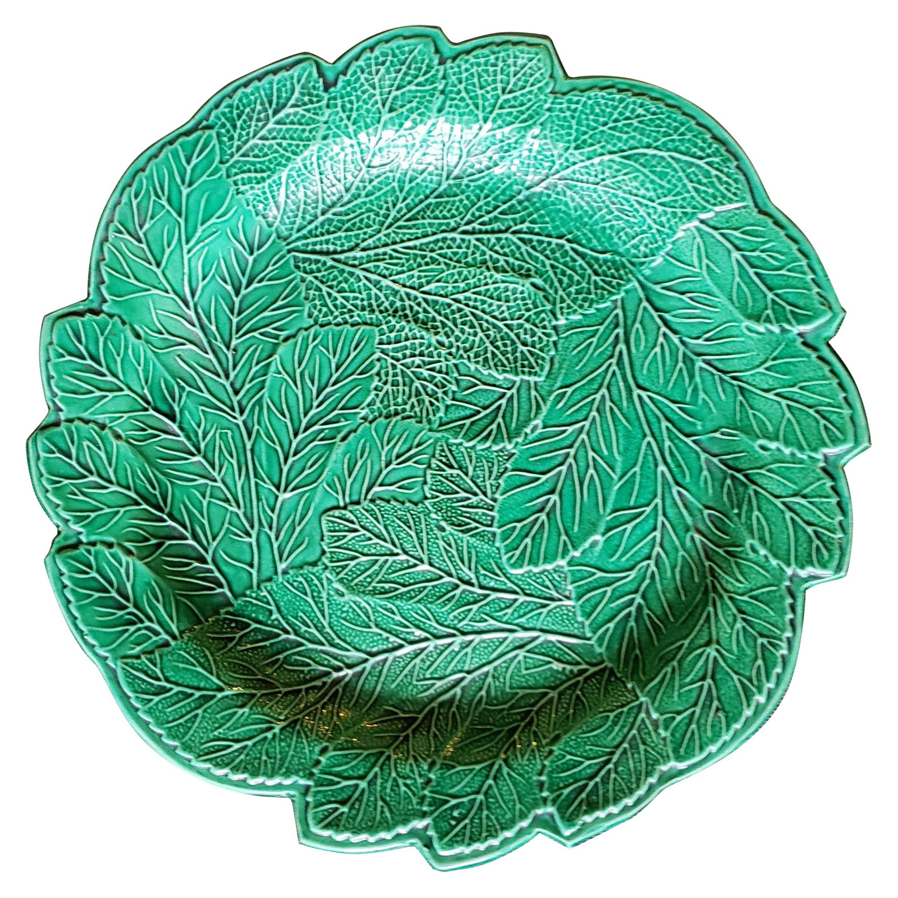 Plato de hoja de cerámica inglesa vidriada en verde, Brameld, Yorkshire