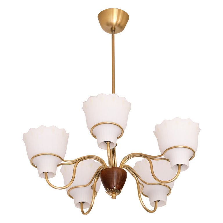 Hans Bergström Five Arm Chandelier in Brass, Wood and Glass, ASEA, Sweden, 1950s For Sale