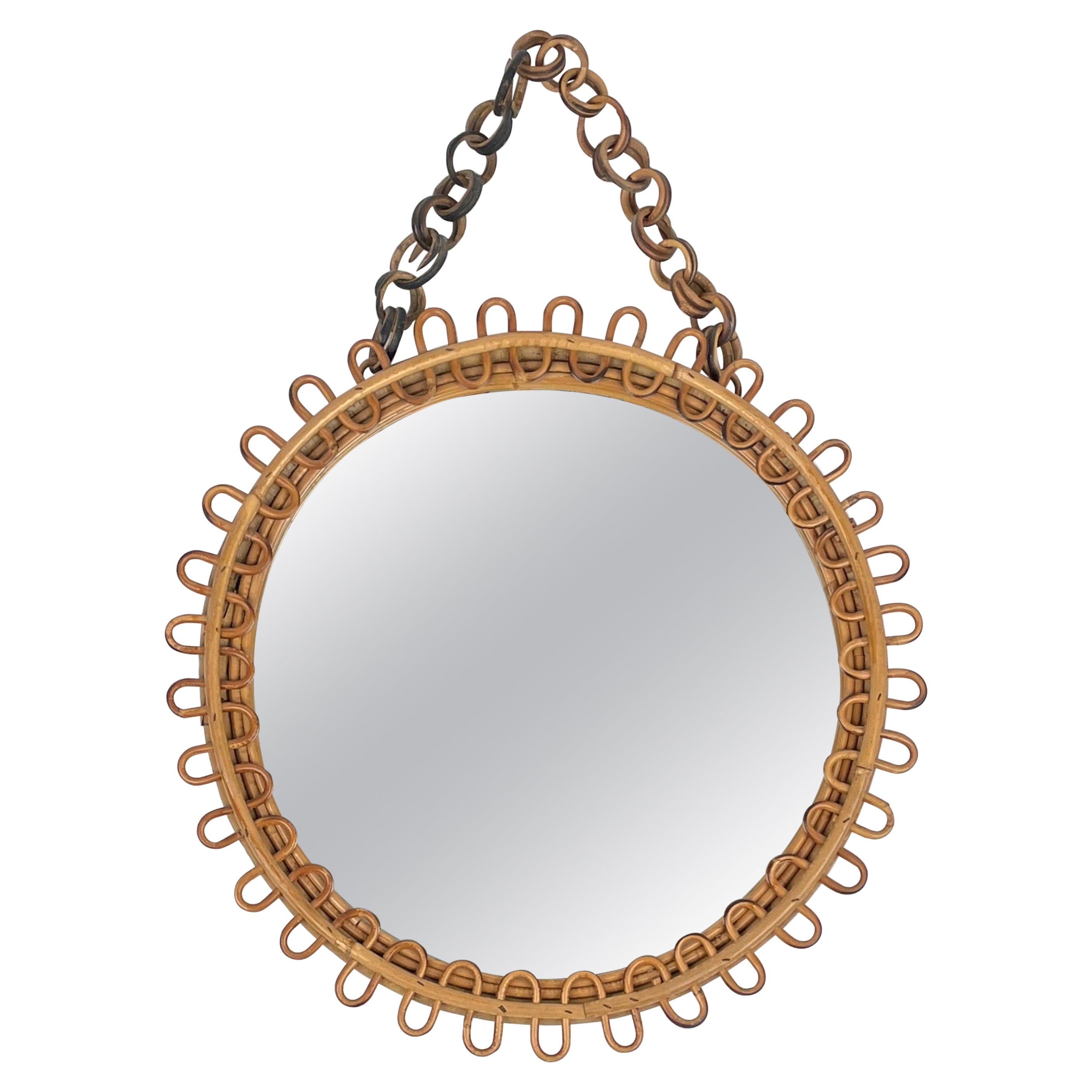 Mid-Century Rattan & Bamboo Round Wall Mirror with Chain, Italy 1960s For Sale