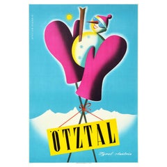 Original Vintage Winter Sport Travel Poster Otztal Tyrol Austria Skiing Snowman