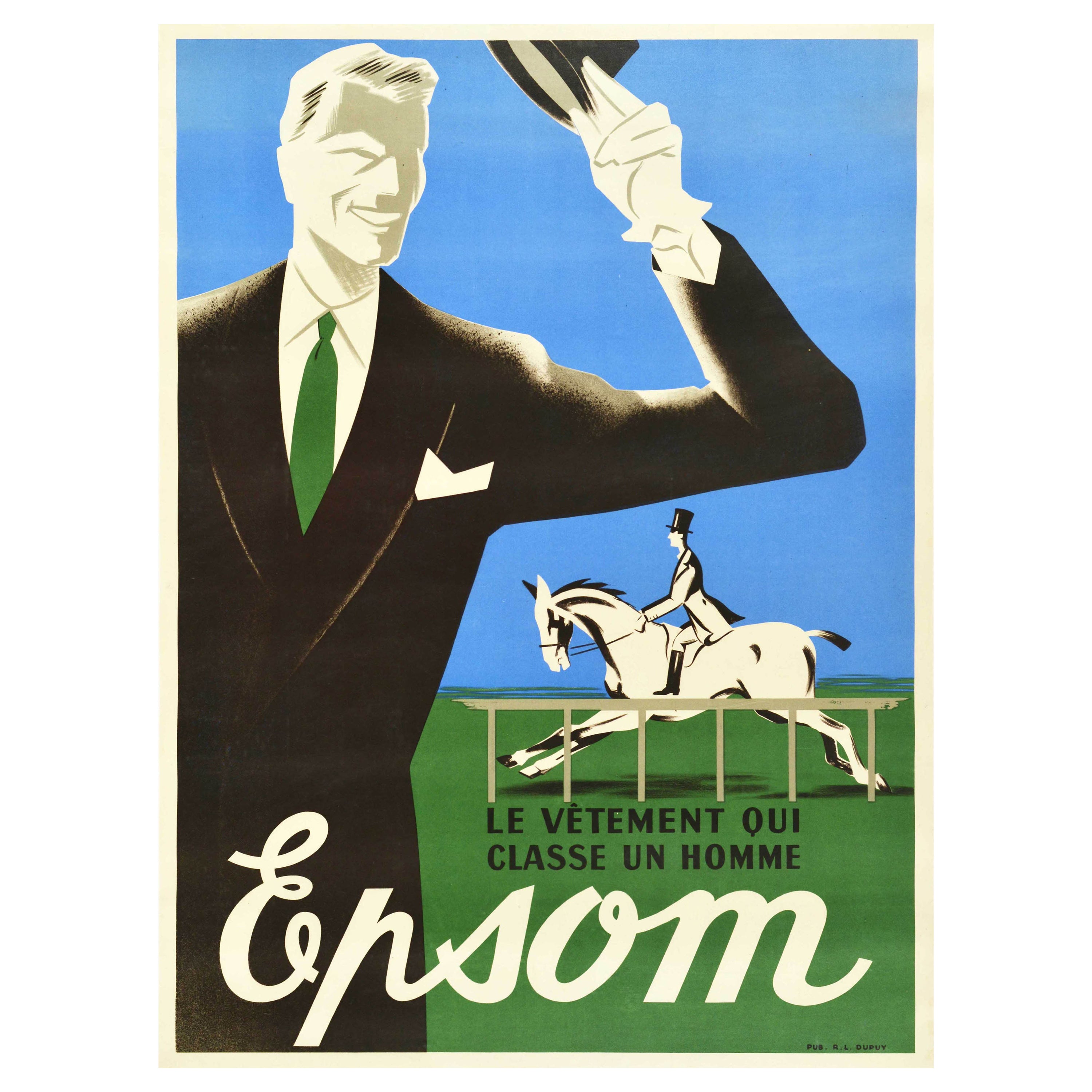 Original Vintage Herren Mode Poster Un Homme Epsom Man Style Pferderennen Design im Angebot