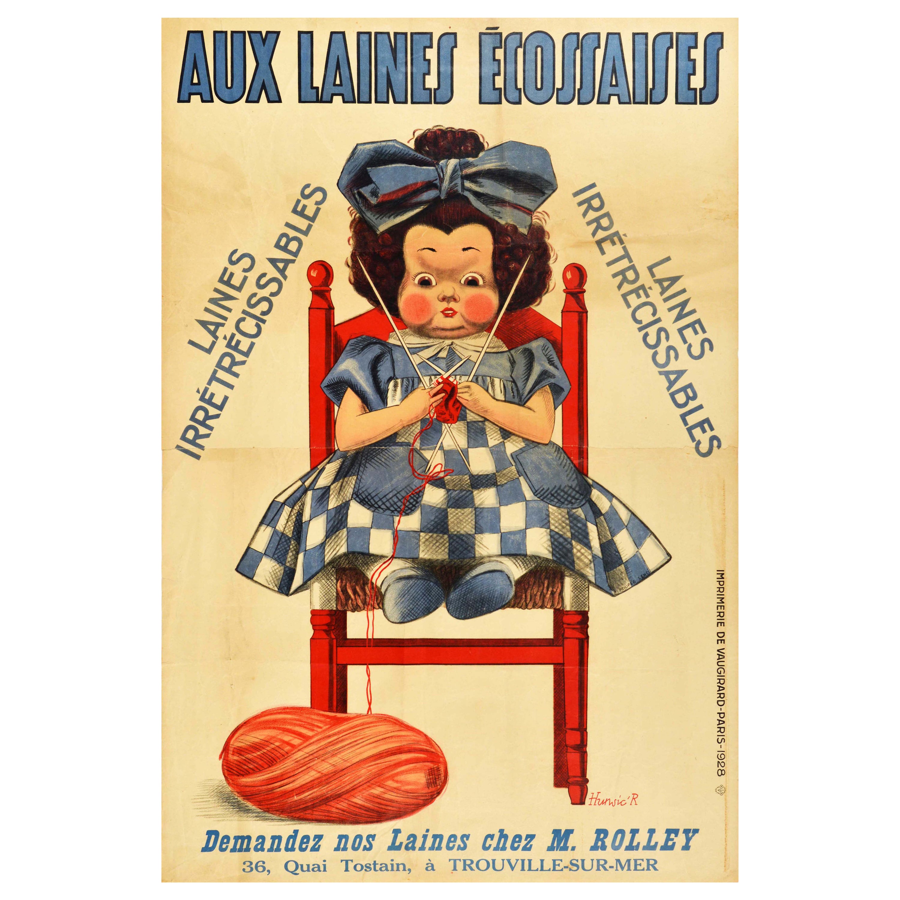 Original Vintage Poster Advertising Shrink Resistant Scottish Wool Knitting Doll For Sale