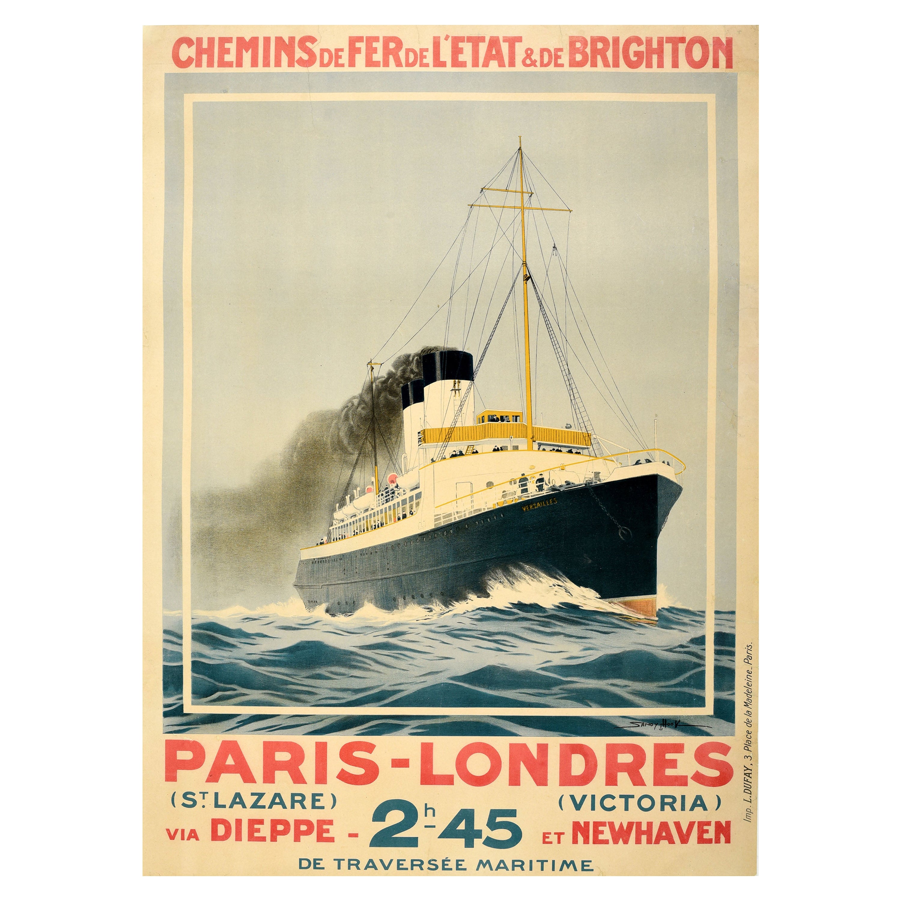 Affiche vintage d'origine Paris London Ferry Ship Brighton Railway Dieppe Newhaven