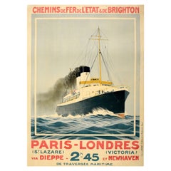 Cartel Antiguo Original París Londres Ferry Barco Brighton Ferrocarril Dieppe Newhaven