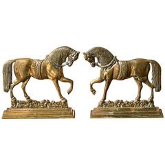 Antique Pair of English Early 20th Century Small Size Brass Horses on Rectangular Base