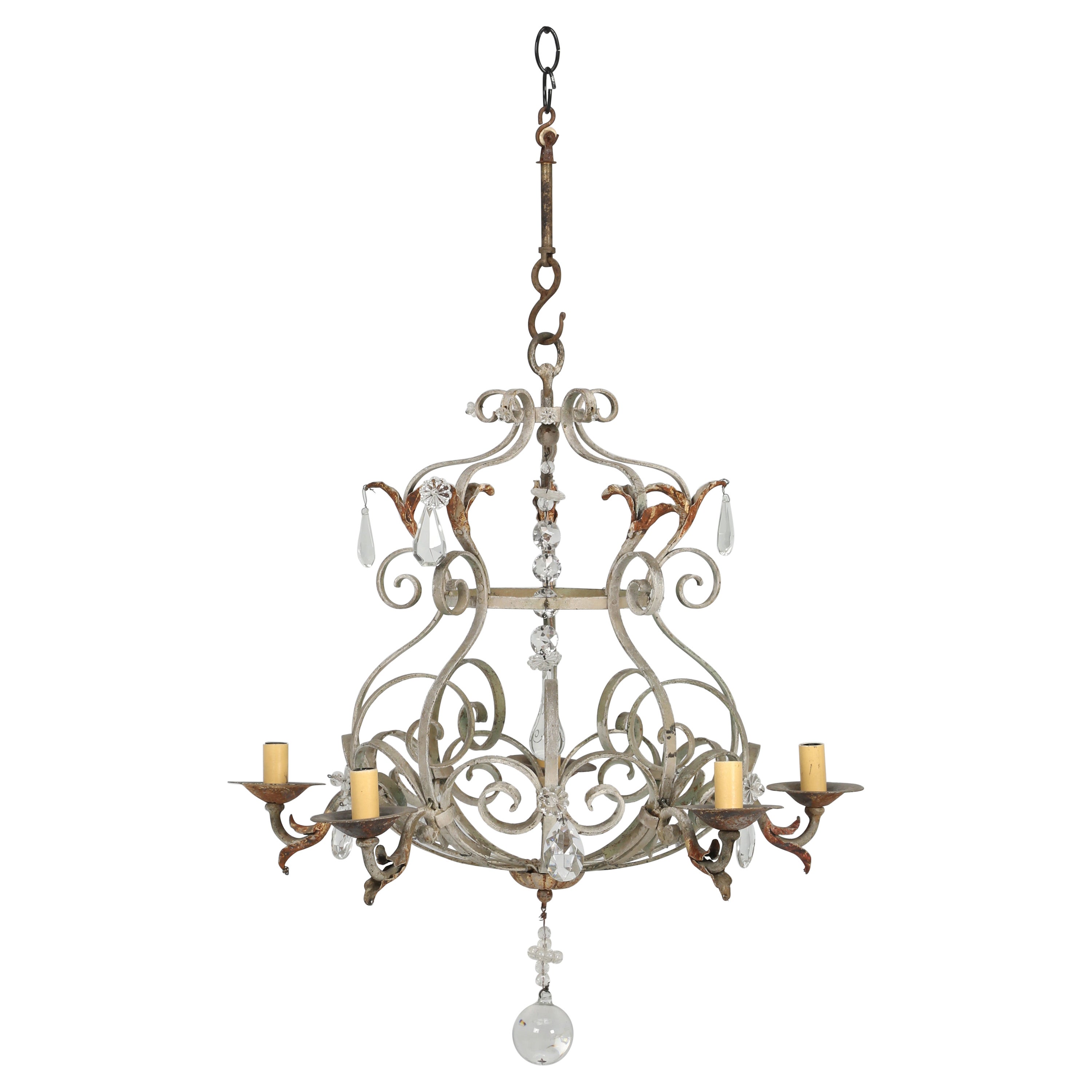 Vintage French Metal and Crystal 5-Light Chandelier with Very Nice Patina For Sale