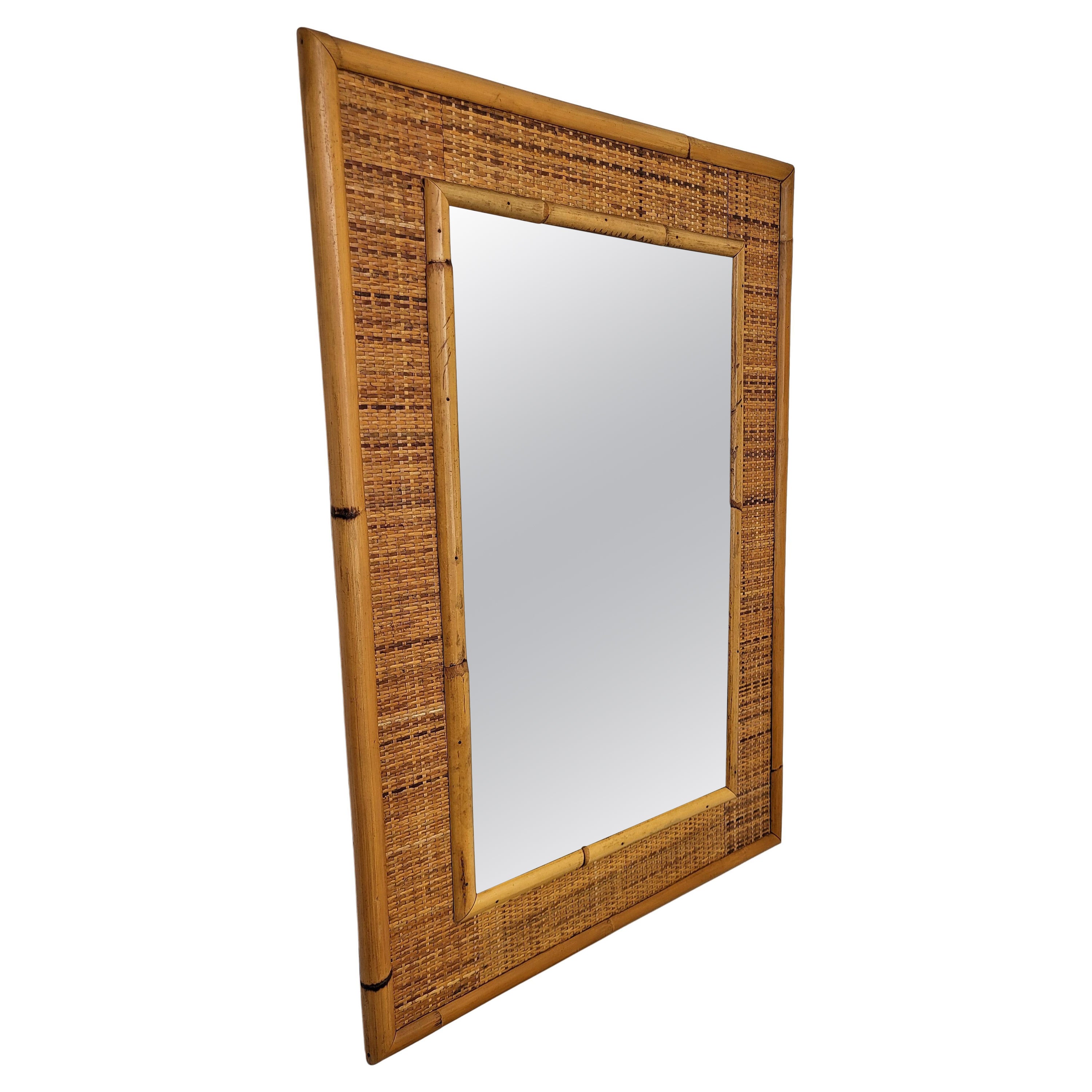 1970s Italian Dal Vera Bamboo Rattan Midcentury French Riviera Mirror For Sale