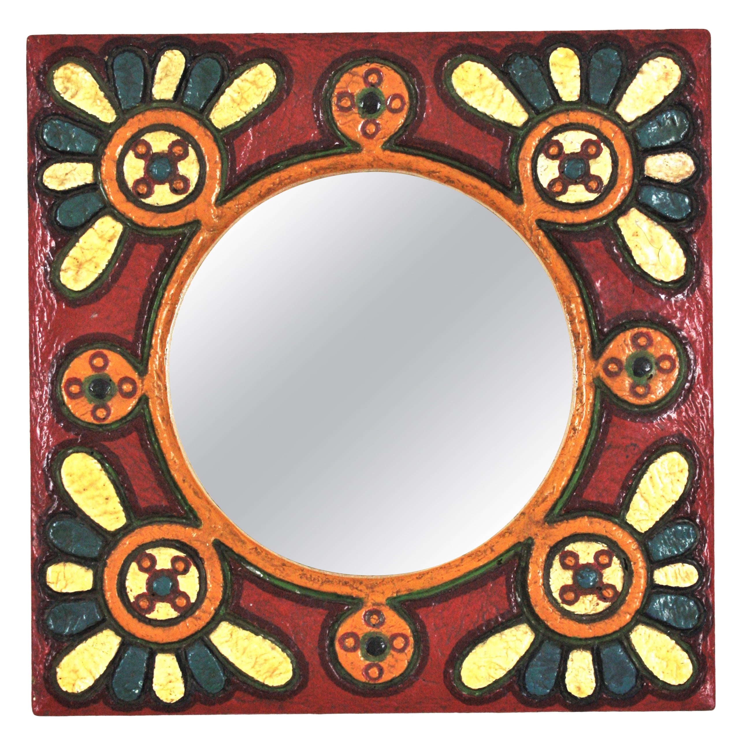 Spanish Colorful Wooden Wall Mirror with Flowers Motif For Sale