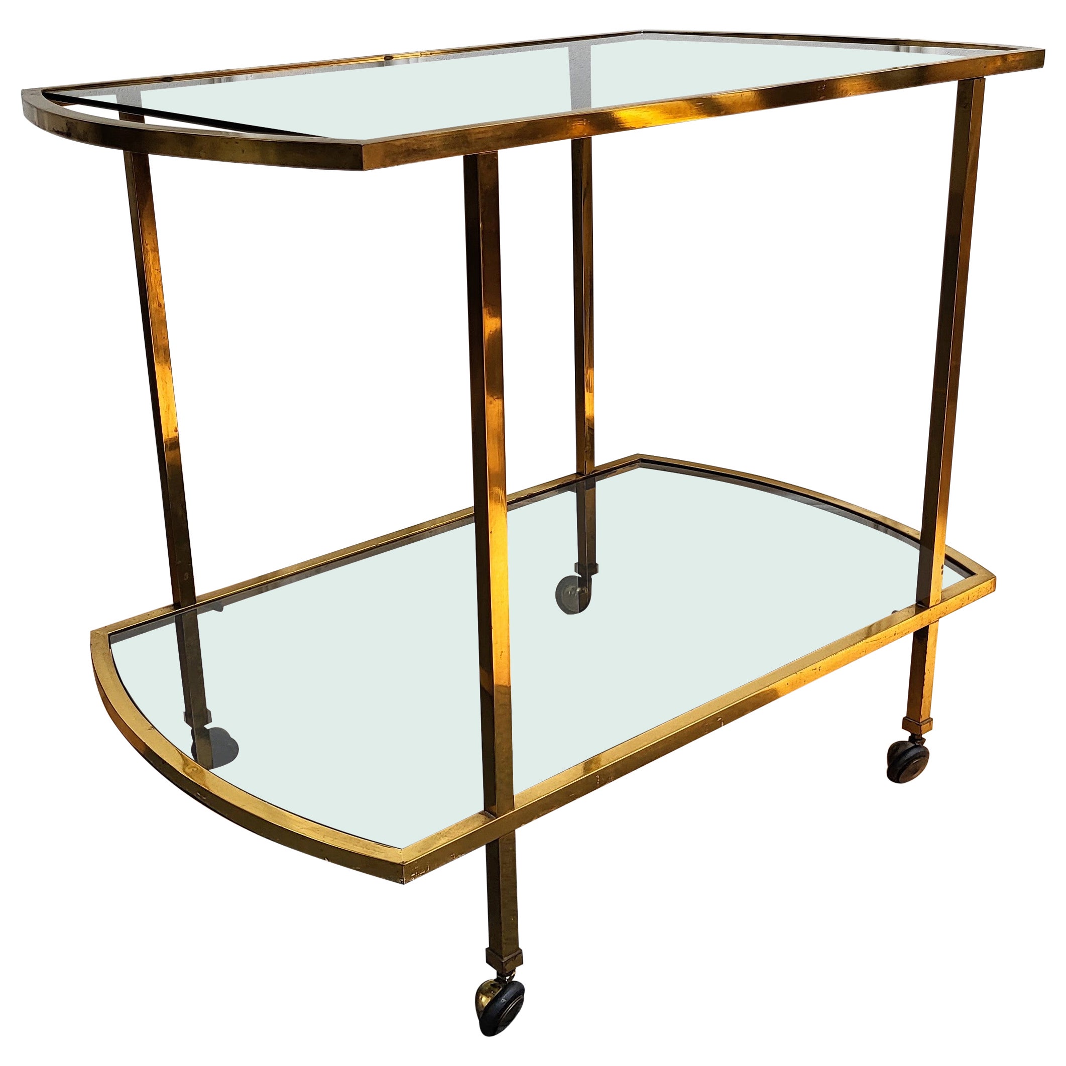 1960s Italian Two-Tier Brass and Glass Bar Cart with Dark Glass Top For Sale