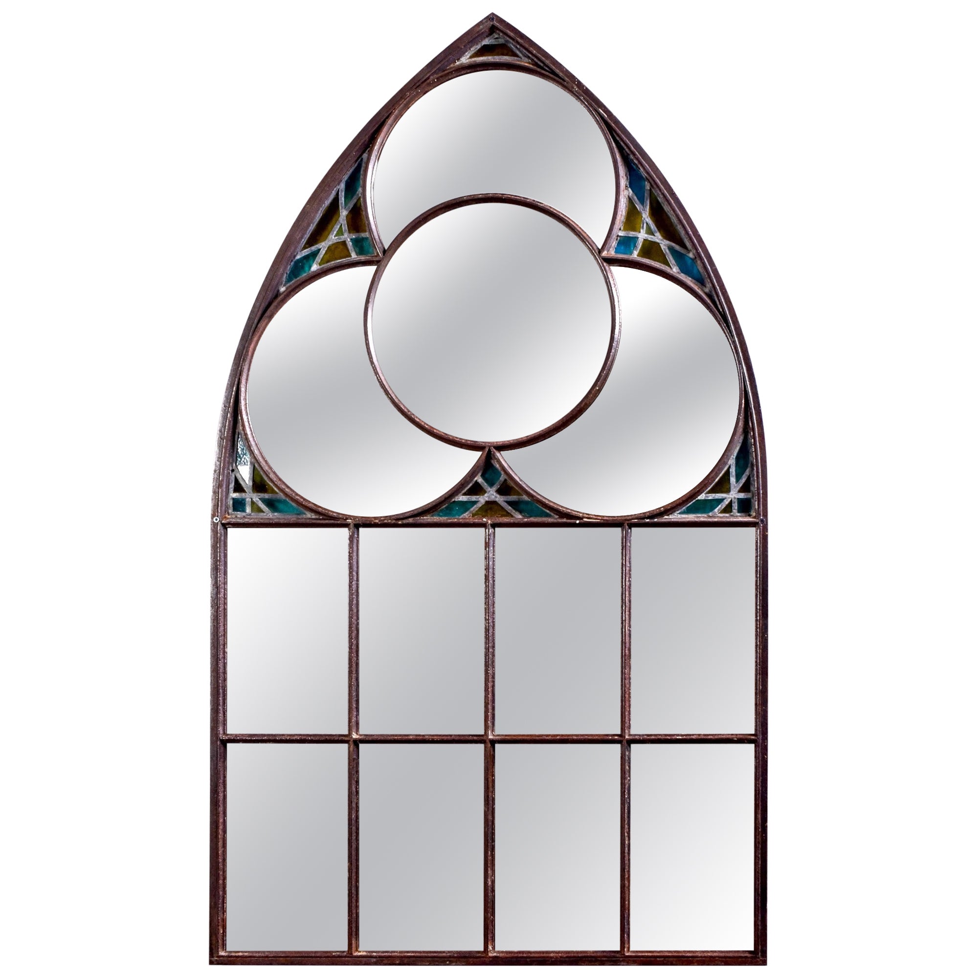 Large Late 19th C Iron Framed Church Window Mirror with Stained Glass For Sale