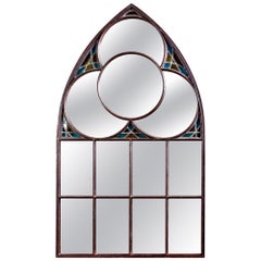 Large Late 19th C Iron Framed Church Window Mirror with Stained Glass
