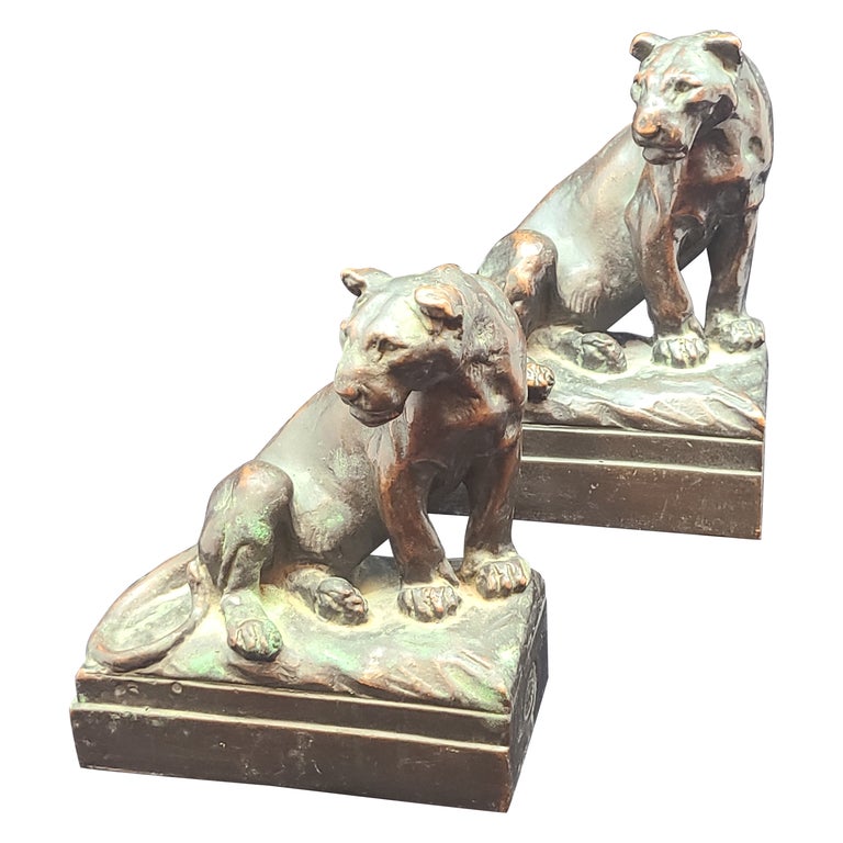 Pompeian Bronze Lion Bookends by Paul Herzel For Sale