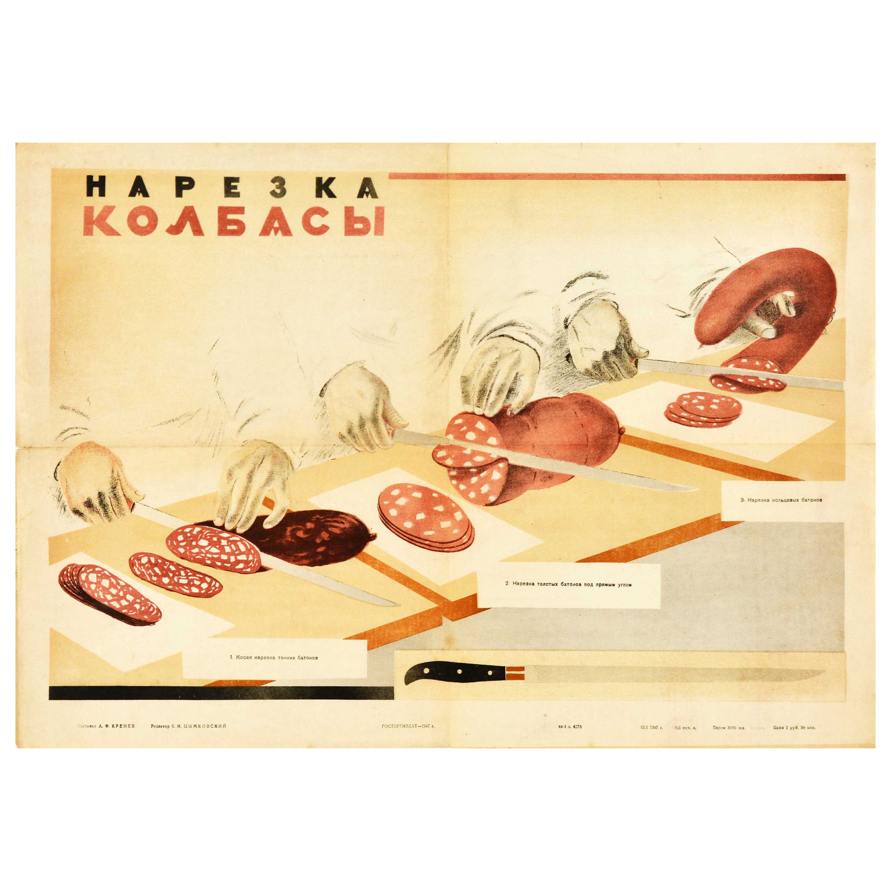 Poster alimentare originale d'epoca Taglio della salsiccia Metodi standard per la cottura delle fette di carne in vendita